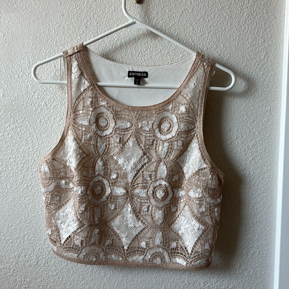 Elegant Lace Sleeveless Top - Cream sequin and lace